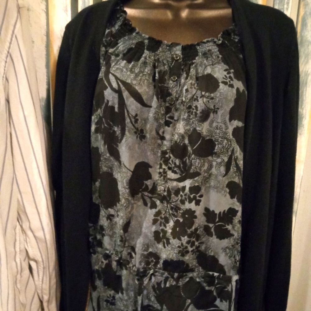 Black and grey Floral blouse with black Michael kors zipper sweater over